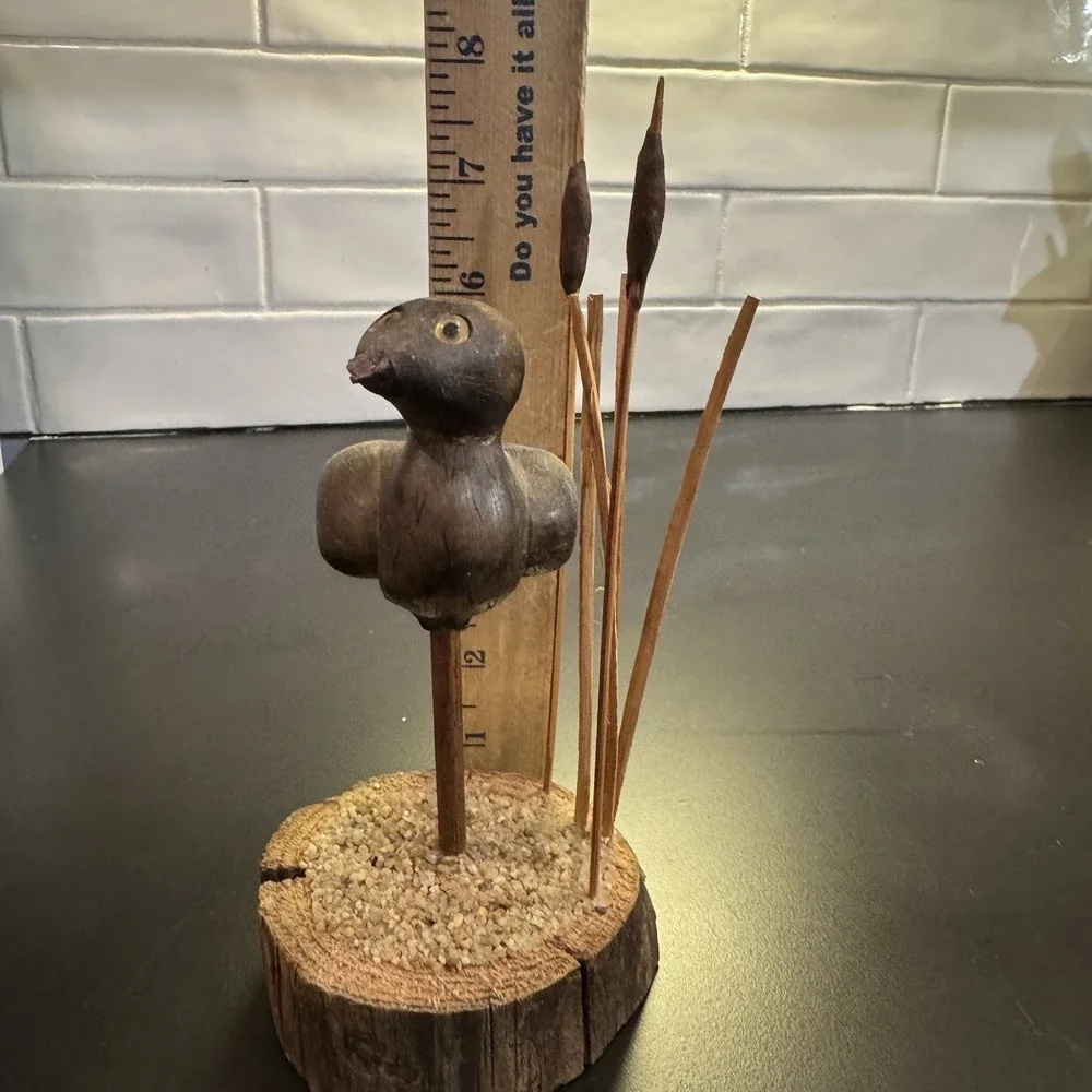 Vintage Wood Duck in The Reeds  Hand‎ Carved Folk Art On Live Edge Stand